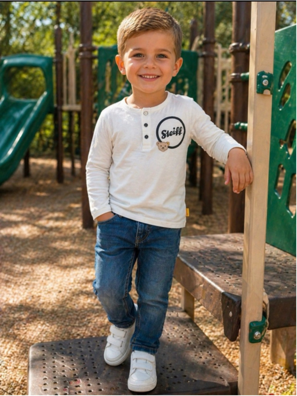 Boys Steiff White Long Sleeve Tee with Blue Logo Size 5